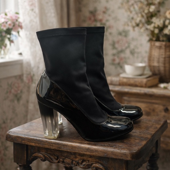 Shoes - Truffle Collection Black Ombré Clear Block Heel Sock Booties